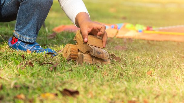 close-up jongen hand spelen met houten speelgoed auto op het gras in het park. - Foto, afbeelding