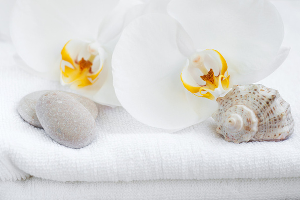 Wellness-Set mit weißen Orchideen - Foto, Bild