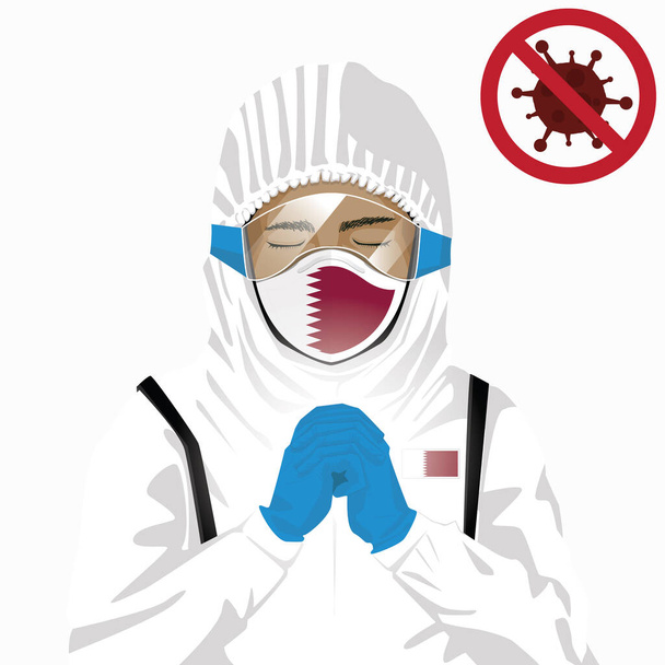 Covid-19 vagy Coronavirus koncepció. Arab egészségügyi személyzet maszkot visel védőruházatban és imádkozik a Covid-19 vírus kitörése ellen Katarban. Arab férfi és katari zászló. Járványos koronavírus - Vektor, kép