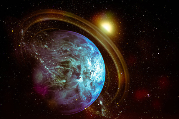 外側の空間にリングを持つ素晴らしい惑星。NASAによって提供されたこの画像の要素. - 写真・画像