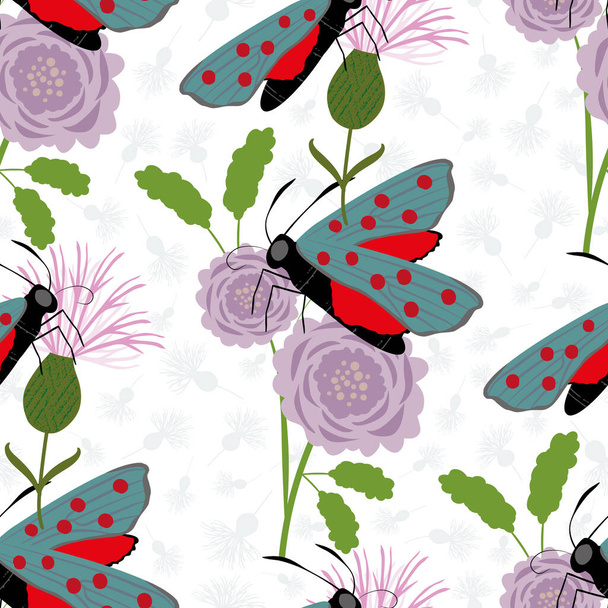 6スポットバネ蝶シームレスベクトルパターンの背景。スケベな花の花束で一日の飛行蛾のイラスト。スコットランドの昆虫の背景。スコットランドの野生動物のコンセプトのためのすべての印刷 - ベクター画像