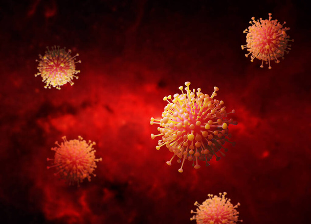 CORONA Virus in de gezondheidszorg Concept: Microscopische weergave van drijvende CORONA viruscellen. - Foto, afbeelding