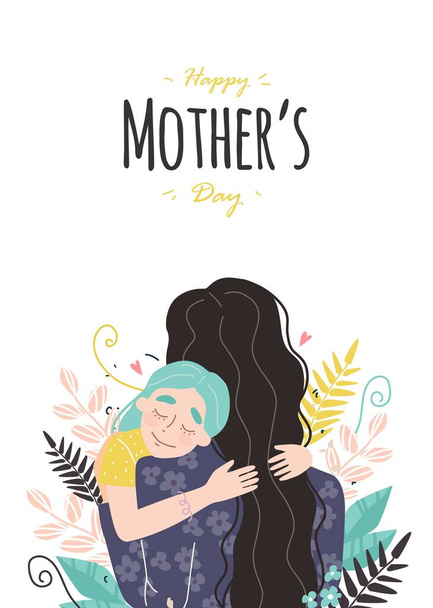 Mothers day greeting card. Mom and girl are smiling and hugging. Family holiday and togetherness. Vector eps 10 - Vektor, obrázek