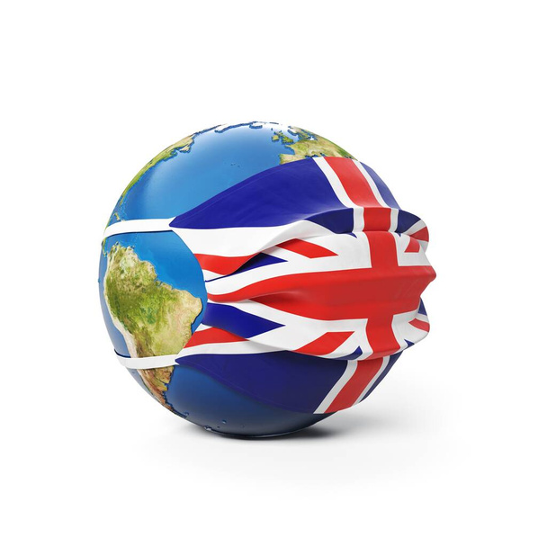 Earth Globe in a medical mask with flag of England United Kingdom English British Britannia, isolated on white background. Global epidemic of Chinese coronavirus concept. 3D Rendering, Illustration. - Fotografie, Obrázek