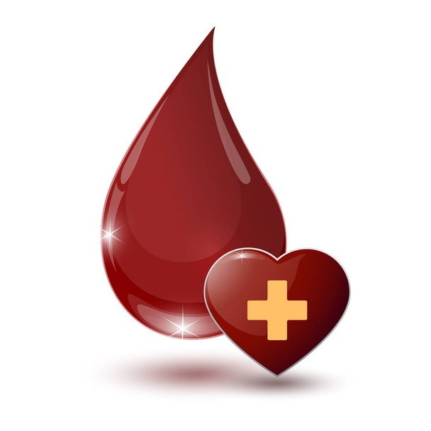 白い背景の上の医療サイン心と血の大きな光沢のある赤いドロップ - ベクター画像