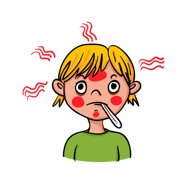 Chlapec vykazující příznaky horečky s horečnatým nožem - ručně kreslené vektorové ilustrace - Vektor, obrázek