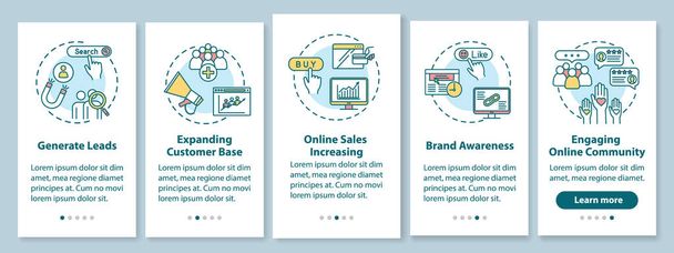 Customers attraction onboarding mobile app page screen with concepts. Generating leads and increasing sales walkthrough 5 steps graphic instructions. UI vector template with RGB color illustrations - Vetor, Imagem