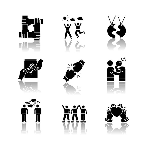 Friendship drop shadow black glyph icons set. Emotional affection, interpersonal bond, social relationship symbols. Togetherness and support. Isolated vector illustrations on white space - Vector, Image