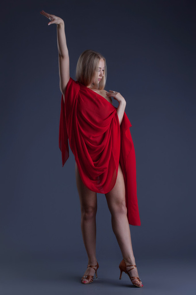 Sexy young model posing with red cloth - Φωτογραφία, εικόνα