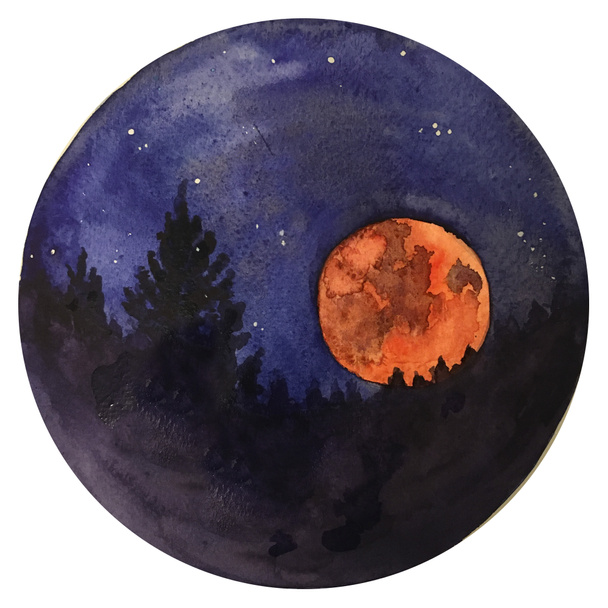 Watercolor bloody Moon at starry night, galaxy with stars, horror space and astrology illustration. - Photo, Image