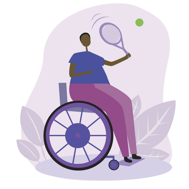A black-skinned athlete in a wheelchair plays tennis with a racket and a ball. Flat vector stock illustration with an African man or woman with a disability as a concept of sport and healthy lifestyle - Vector, Image