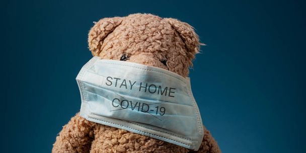 Teddy bear wearing protective medical mask with Stay Home sign and Covid 19 crossed. - Photo, Image