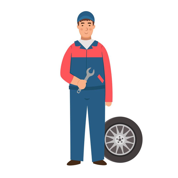 Cartoon auto monteur met moersleutel en auto wiel, karakter voor kinderen. Platte vectorillustratie - Vector, afbeelding