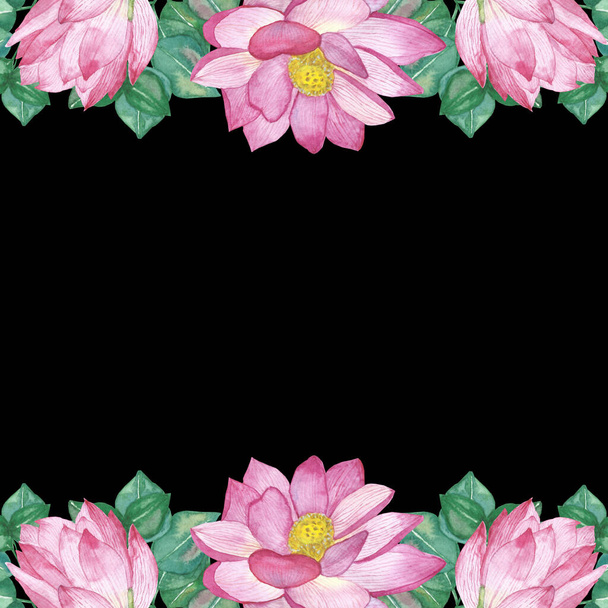 Watercolor hand painted nature floral banner border frame with pink blossom lotus flower and green eucalyptus leaves on the black background for invite and greeting card with the space for text - Foto, imagen