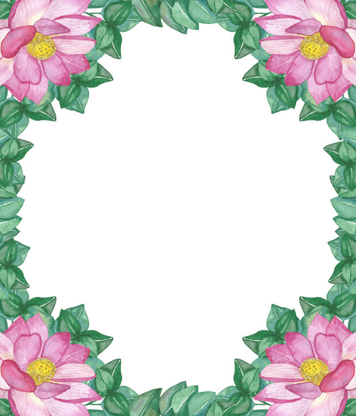 Watercolor hand painted nature floral border frame with pink blossom lotus flowers and green eucalyptus leaves on the white background for invite and greeting card with the space for text - 写真・画像