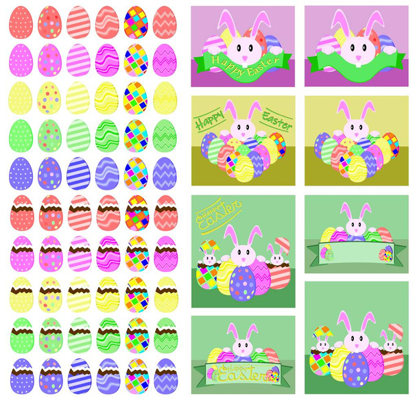 Σύνολο διάνυσμα Πάσχα που αποτελείται από διάφορα χρωματιστά αυγά Πάσχα και μερικά παραδείγματα ευχετήριες κάρτες ή για εκστρατείες πωλήσεων με ειδικές προσφορές. - Διάνυσμα, εικόνα