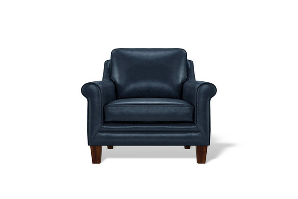 Sillón clásico de cuero de lujo azul marino con patas de madera aisladas sobre fondo blanco. Serie de muebles
 - Foto, imagen