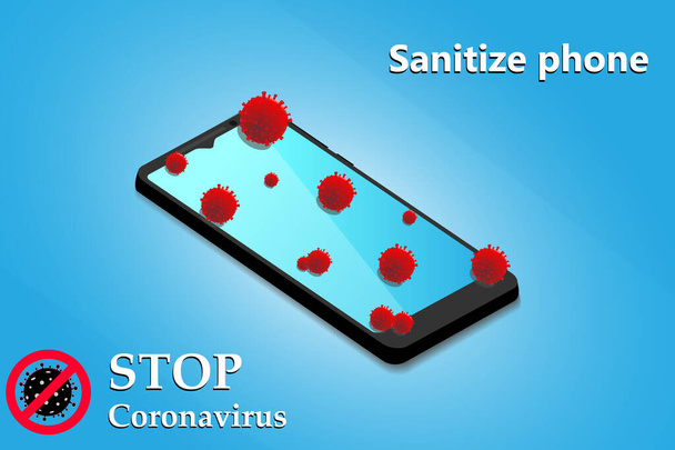 Sanitizar smartphone. Limpeza de telefone celular para eliminar germes, coronavírus Covid-19. Detenham o Coronavirus. Conceito de higiene. Ilustração vetorial
 - Vetor, Imagem