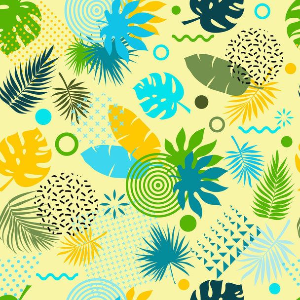 Seamless pattern with tropical leaves of plants. Flat style. Yellow background. Drawn by hands. Illustration on a summer theme. Memphis design elements - ベクター画像