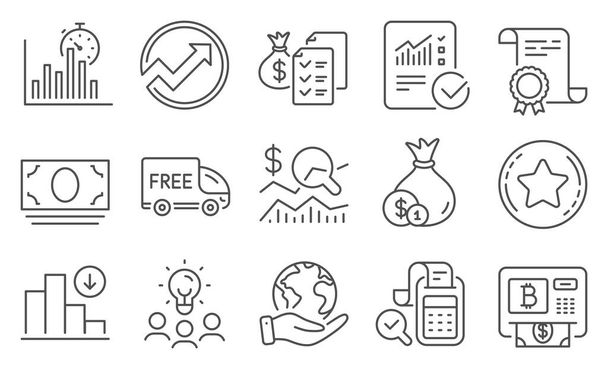 Set of Finance icons, such as Free delivery, Cash. Diploma, ideas, save planet. Bitcoin atm, Cash money, Checked calculation. Audit, Report timer, Decreasing graph. Vector - Vettoriali, immagini