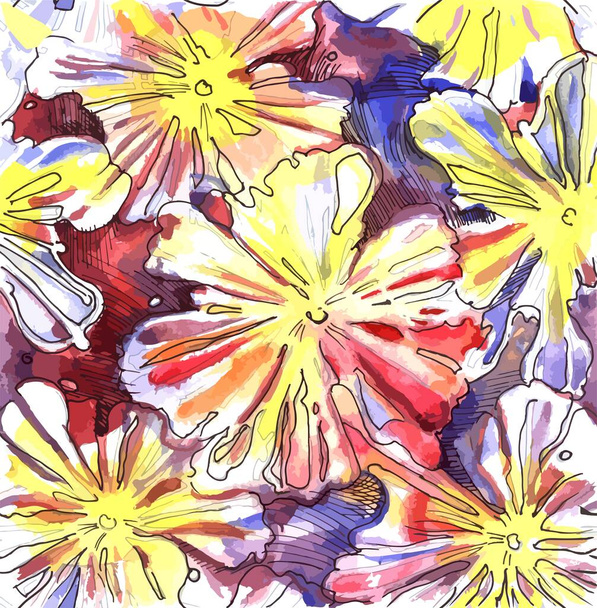 Kırmızı, sarı, mor ve beyaz elle çizilmiş Mallow çiçekleri. Renkli arka planda pürüzsüz bir desen.. - Vektör, Görsel