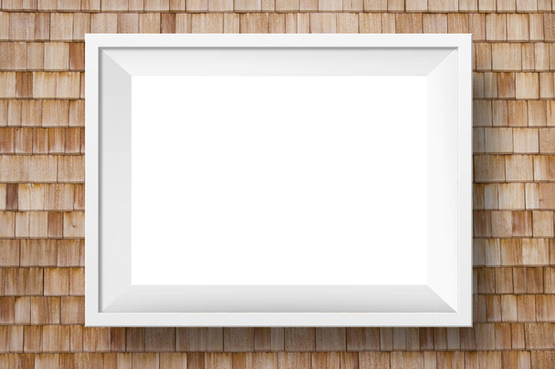 Weißer Fotorahmen auf hellem Holz-Hintergrund - Foto, Bild