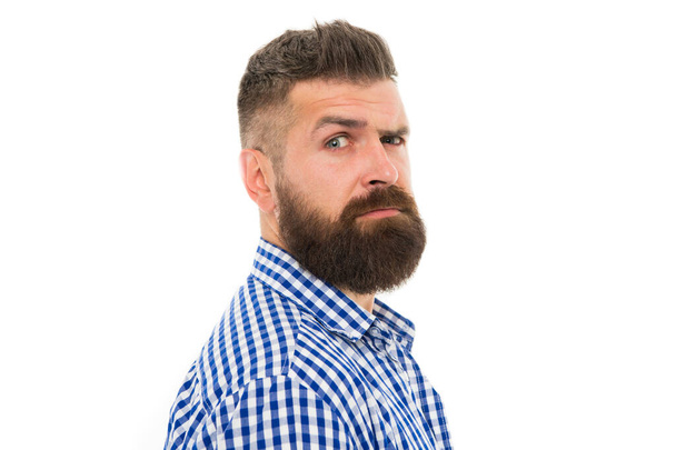 Doubtful expression. Wait what. Man serious face raising eyebrow not confident. Have some doubts. Hipster bearded face not sure in something. Doubtful bearded man on white background close up - Zdjęcie, obraz