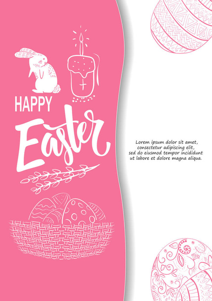 Handdrown Easter background with eggs, chicken, rabbit and flowers. - Vektor, Bild