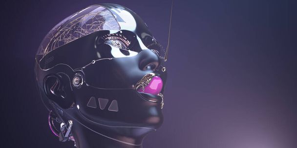 Cybernetic brain in cyborg face with golden paint on it, futuristic robotic head concept art of artificial intelligence network with copyspace, 3d render - Photo, Image