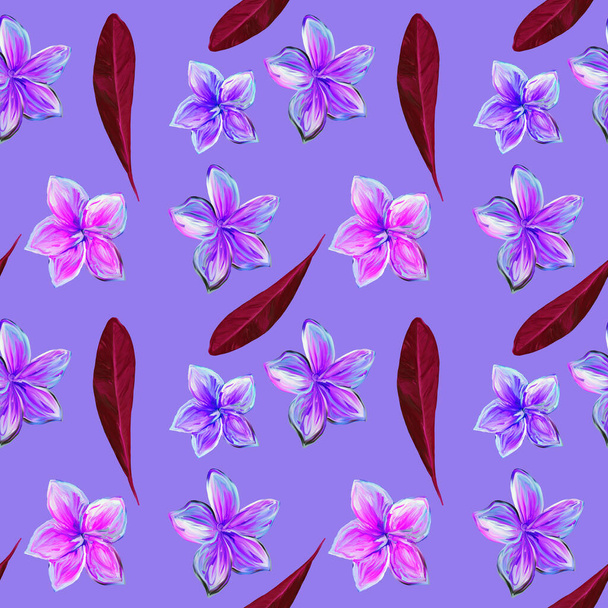 Frangipani Plumeria Tropical Flowers. Seamless Pattern Background. Tropical claret and violet floral summer seamless pattern lilac background with plumeria flowers with leaves - Photo, Image