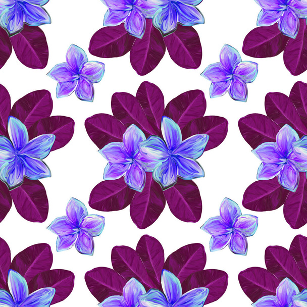 フランジパニ・プルメリア熱帯の花。シームレスなパターンの背景。熱帯のクラレットと紫色の花の夏のシームレスなパターンの背景と葉を持つプルメリアの花 - 写真・画像
