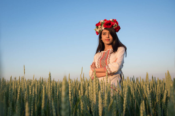 Hübsche junge Frau tragen traditionelle ukrainische Kleidung und Blumenkranz Spaziergang im Weizenfeld, schöne ethnische Mädchen in handgefertigten dekorierten Blumenkrone bewundern die Natur, blauer Himmel Hintergrund - Foto, Bild