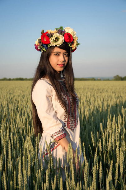 Ładna młoda kobieta nosić tradycyjne ukraińskie ubrania i wieniec kwiatowy spacer w polu pszenicy, piękne etniczne dziewczyny w ręcznie zdobione kwiatowe korony podziwiać przyrodę, błękitne niebo tło - Zdjęcie, obraz