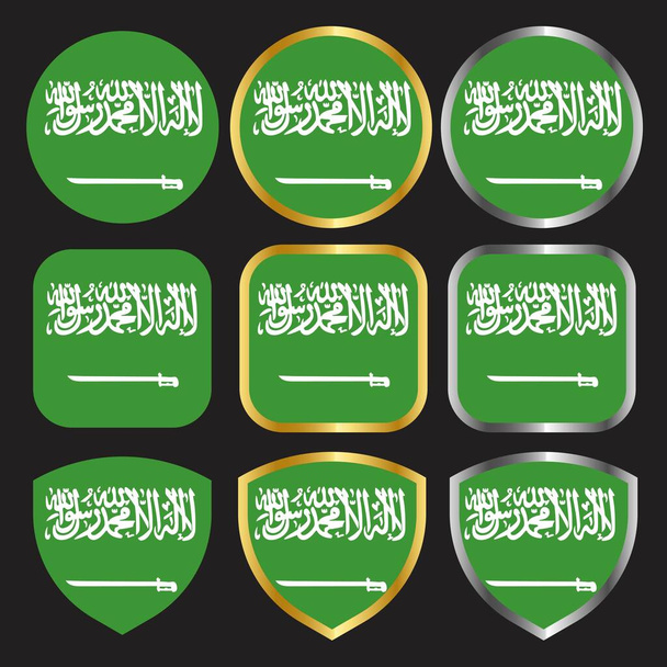 saudi arabia flag vector icon set with gold and silver border - Vector, Image