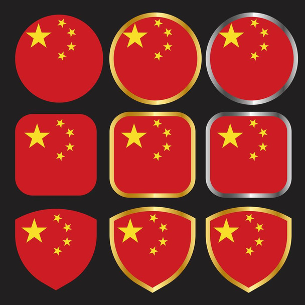 china flag vector icon set with gold and silver border - Vektor, kép