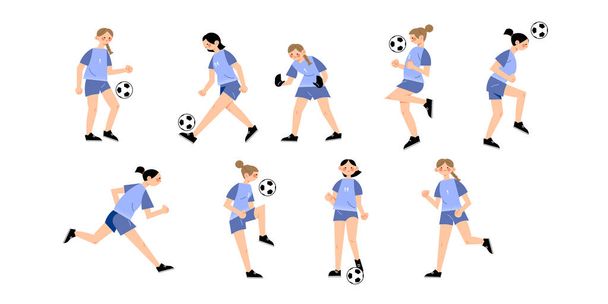 Sada ženského fotbalového týmu v modrých uniformách v různých akčních pózách. Vektorová ilustrace v plochém kresleném stylu. - Vektor, obrázek