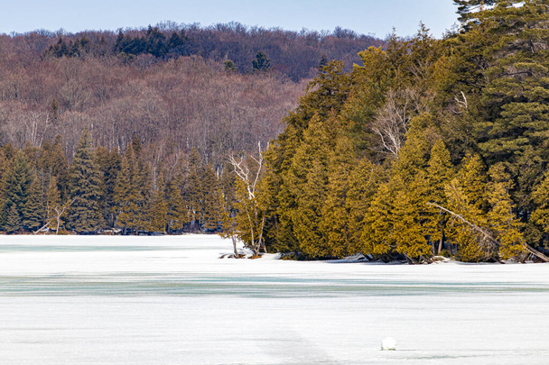 A frozen lake, specifically Meech Lake near Chelsea, Quebec in Canada, appears surrounded by forest trees and covered in a layer of snow and ice. - Photo, Image