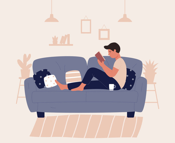 Menino sentado no sofá ou sofá ond ler livro. Relaxe o conceito personagem ilustração vetorial plana
 - Vetor, Imagem