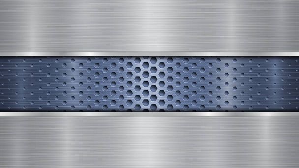 Фон блакитної перфорованої металевої поверхні з отворами і двома горизонтальними срібними полірованими пластинами з металевою текстурою, блискучими ребрами
 - Вектор, зображення