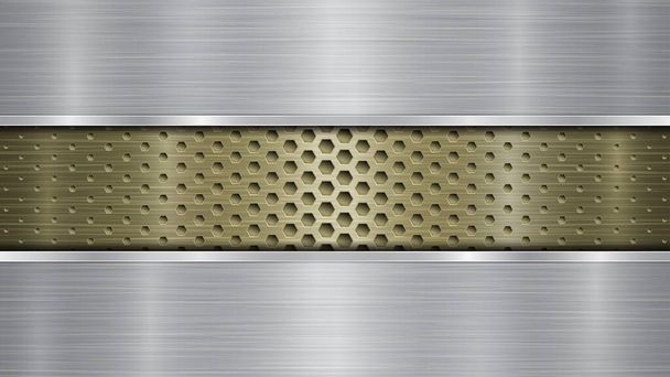 Pozadí zlatého perforovaného kovového povrchu s otvory a dvěma stříbrnými vodorovnými leštěnými deskami s kovovou strukturou, glazurami a lesklými okraji - Vektor, obrázek
