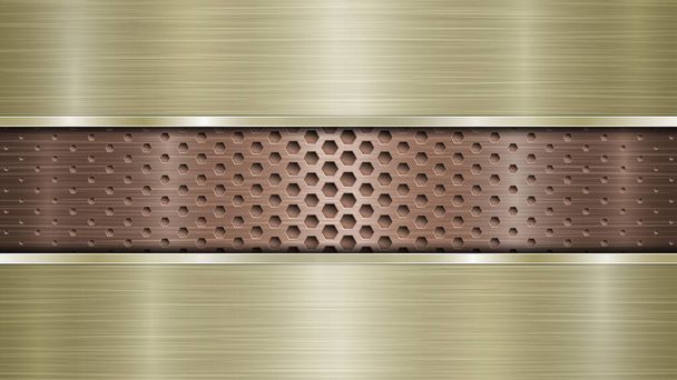 Background of bronze perforated metallic surface with holes and two horizontal golden polished plates with a metal texture, glares and shiny edges - Vector, Image