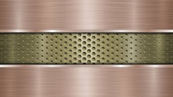 Fond de surface métallique perforée dorée avec des trous et deux plaques horizontales polies en bronze avec une texture métallique, des reflets et des bords brillants
 - Vecteur, image