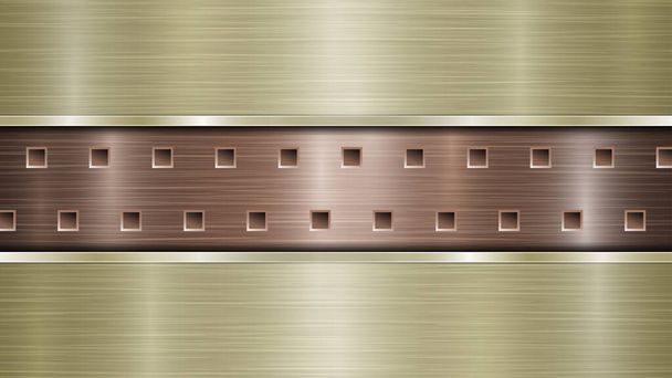 Hintergrund aus Bronze perforierte metallische Oberfläche mit Löchern und zwei horizontalen goldpolierten Platten mit einer Metallstruktur, grelle und glänzende Kanten - Vektor, Bild