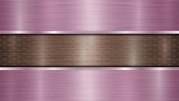 Pozadí bronzově perforovaného kovového povrchu s otvory a dvěma horizontálně purpurovými leštěnými deskami s kovovou texturou, glazurami a lesklými okraji - Vektor, obrázek
