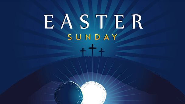 Κυριακή του Πάσχα - Αναστημένος, τάφος και τρεις σταυροί. Πάσχα πρόσκληση για λειτουργία ιερή εβδομάδα με τυπογραφία σε μπλε φόντο δοκάρια. Σταυρός, Γολγοθά και κείμενο. Εικονογράφηση διανύσματος - Διάνυσμα, εικόνα