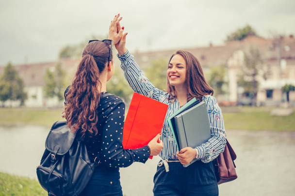 Happy Female studenti dávat pět navzájem během přátelské spolupráce na studijním projektu, zatímco stojí venku. Pozitivní mladé ženy se zabývají produktivní týmovou prací. - Fotografie, Obrázek
