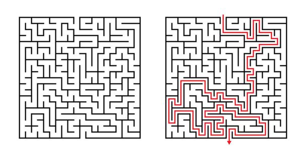 Vector Square Maze - Labirynt z dołączonym rozwiązaniem w kolorze czarnym i czerwonym. Zabawna i edukacyjna gra umysłu dla koordynacji, rozwiązywanie problemów, podejmowanie decyzji test umiejętności. - Wektor, obraz