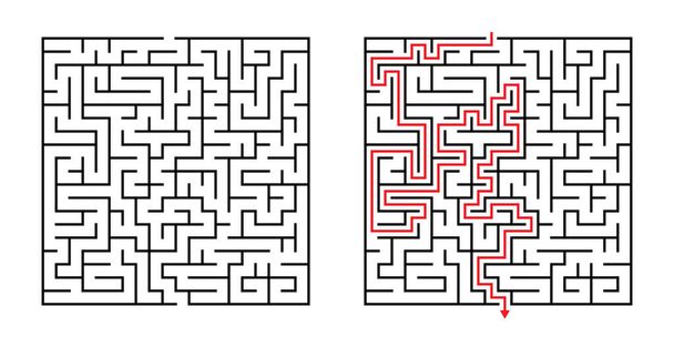 Vector Square Maze - Labyrinth with Included Solution in Black & Red. Funny & Educational Mind Game for Coordination, Problems Solving, Decision Making Skills Test. - Wektor, obraz