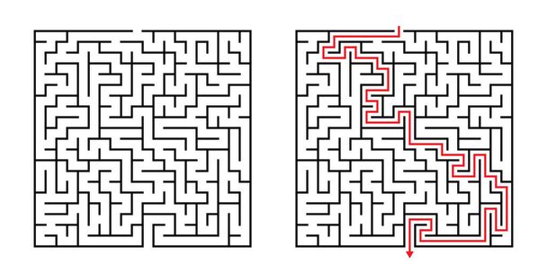 Labirinto quadrato vettoriale Labirinto con soluzione inclusa in nero e rosso. Gioco mentale divertente e educativo per il coordinamento, risoluzione dei problemi, test di abilità decisionali
. - Vettoriali, immagini