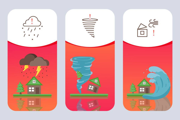 Mobiel banner slecht weer, orkaan wind, overstroming, onweer en stortregen vector illustratie. Web poster voor internet site. - Vector, afbeelding